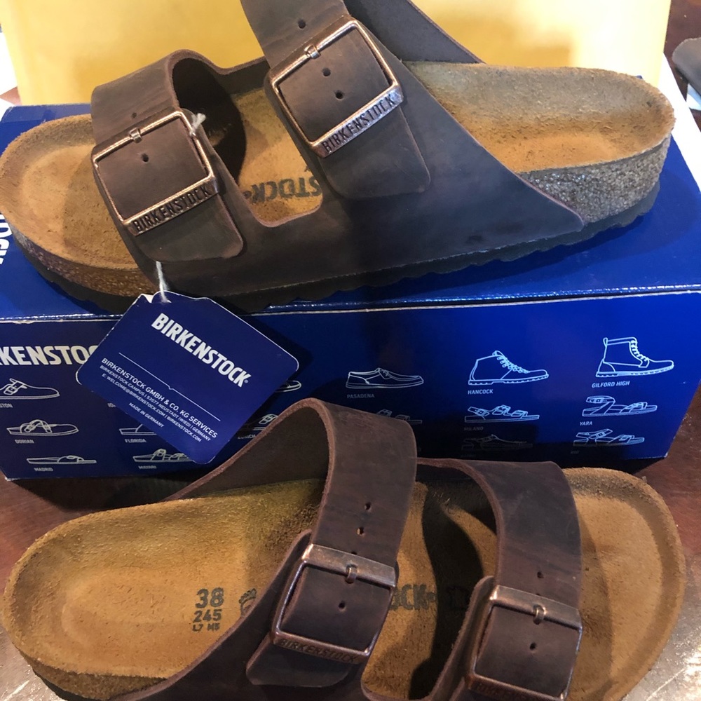 Birkenstock Brown Arizona Two-Strap Sandals with Metal Buckles